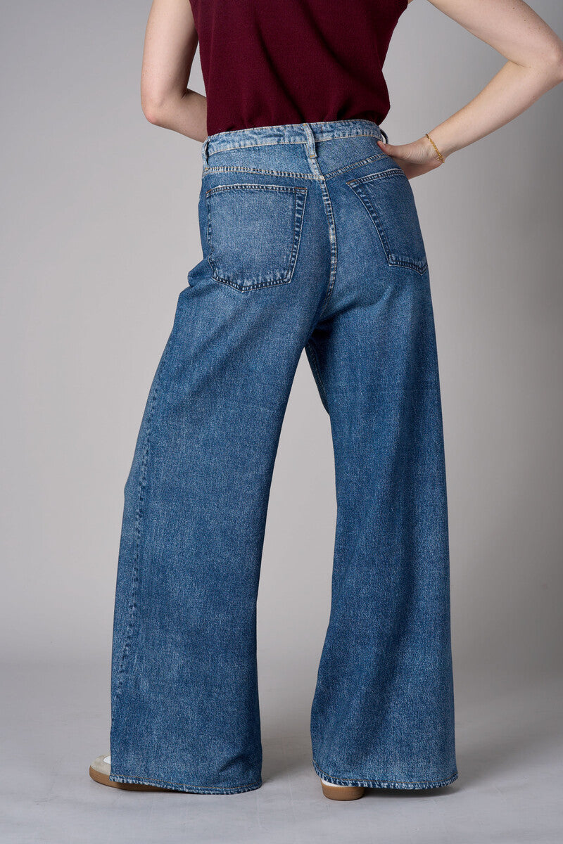 High Rise Wide Leg French Knit Printed Indigo Denim Jeans