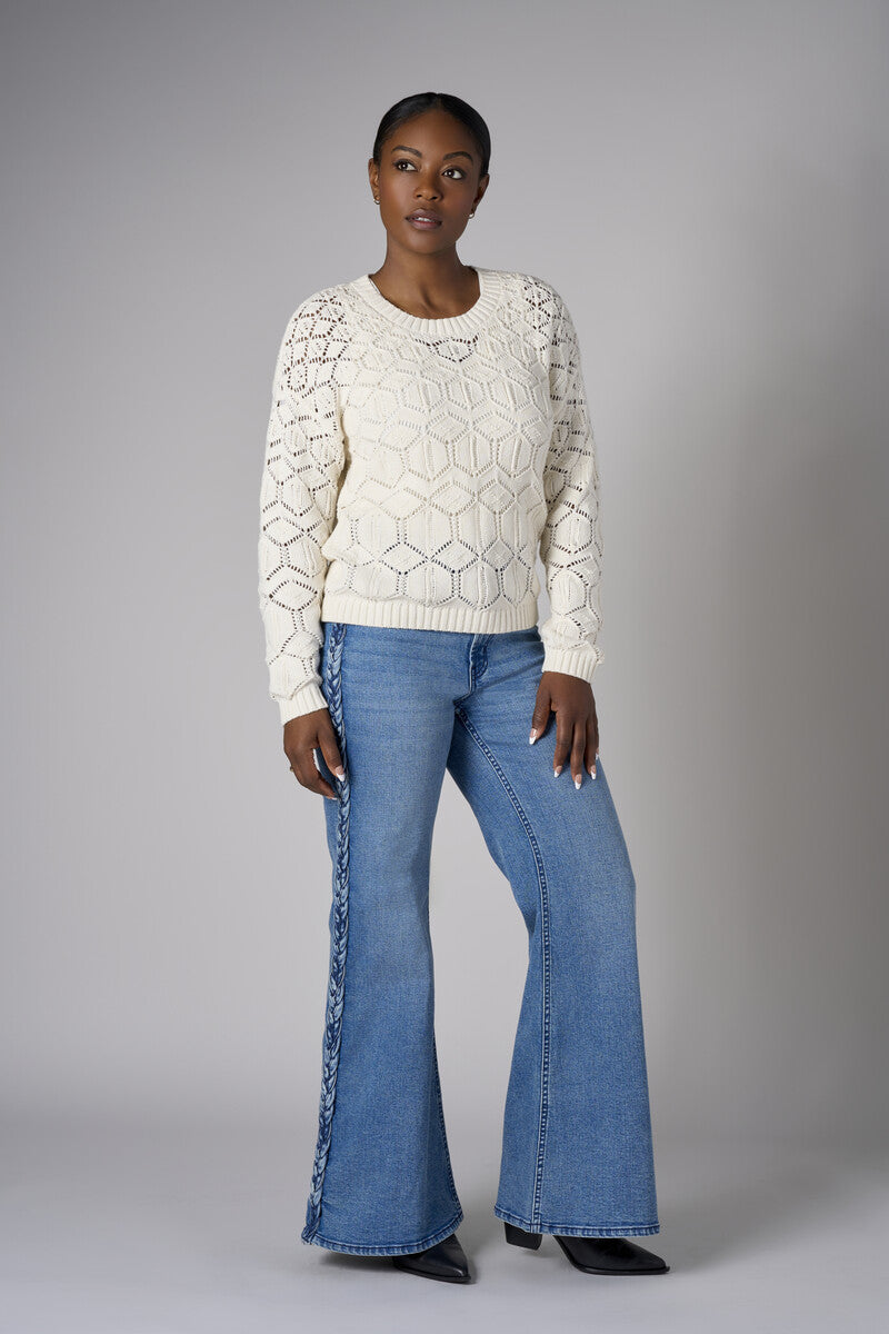 Let your outfit shine with this classic 'Vintage Whisker Wash' Braid Wide Leg Jean.
