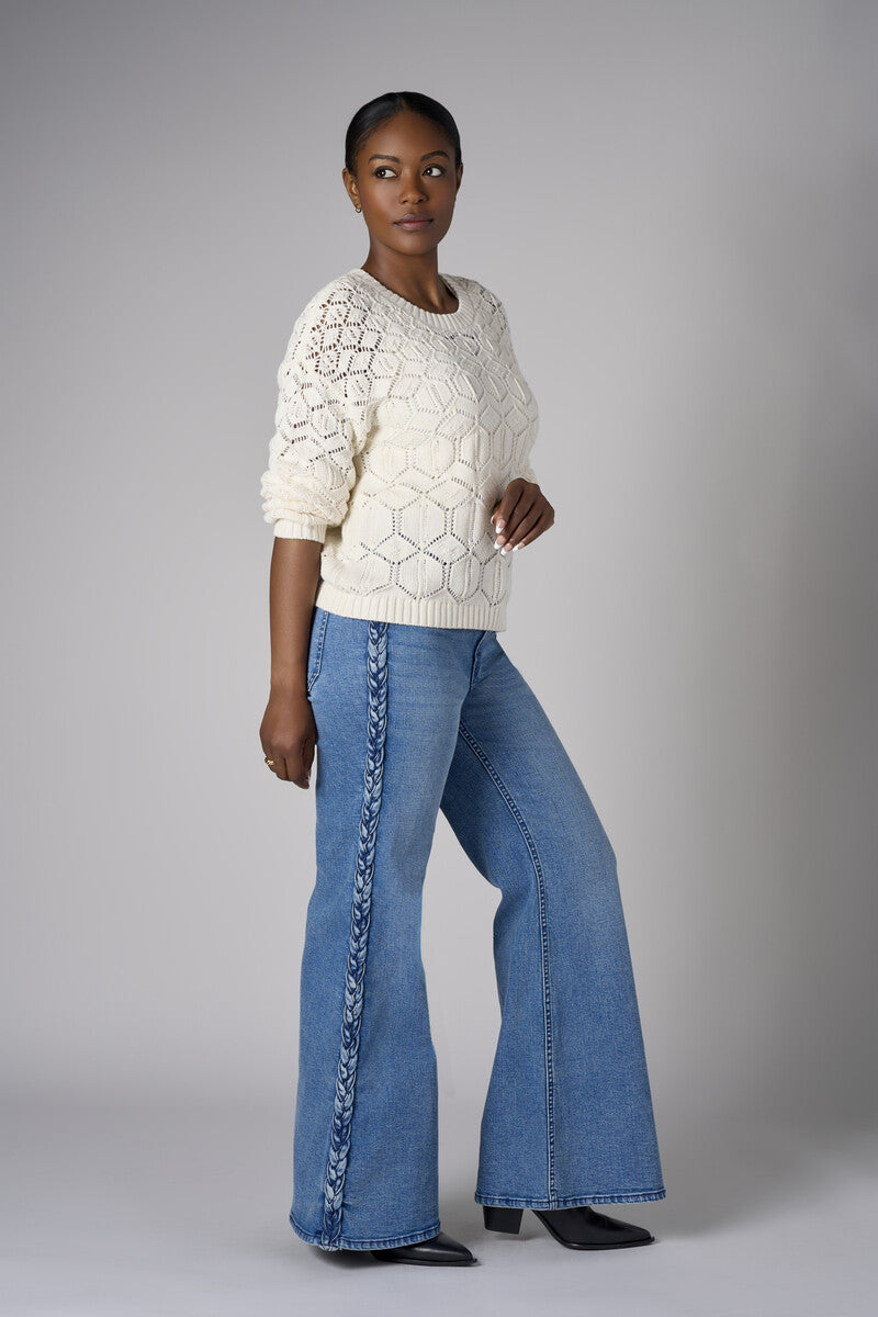 Let your outfit shine with this classic 'Vintage Whisker Wash' Braid Wide Leg Jean.