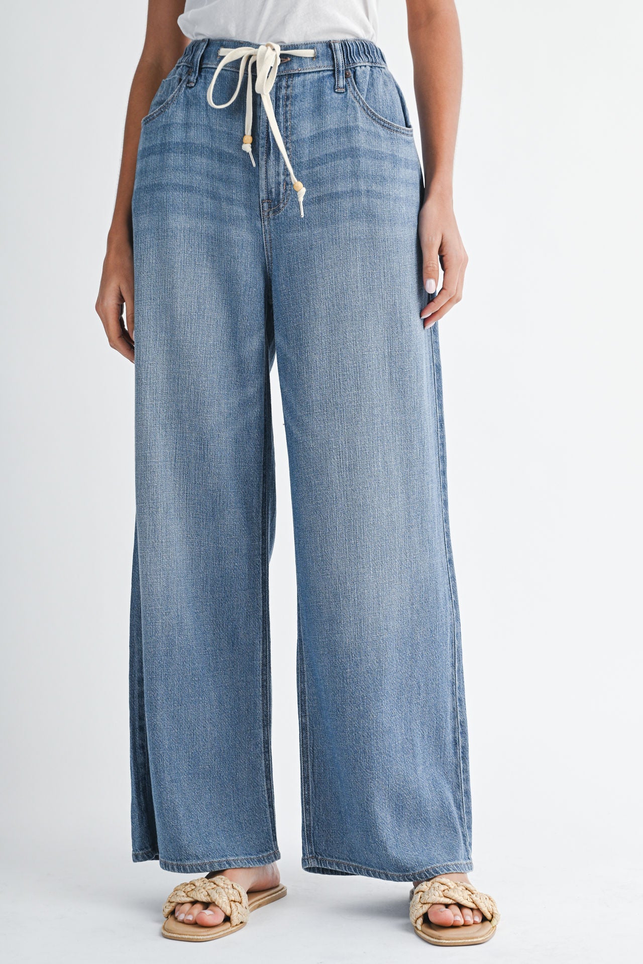 Medium Indigo Denim Adjustable Waist Wide Leg Jean