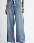 Medium Indigo Denim Adjustable Waist Wide Leg Jean