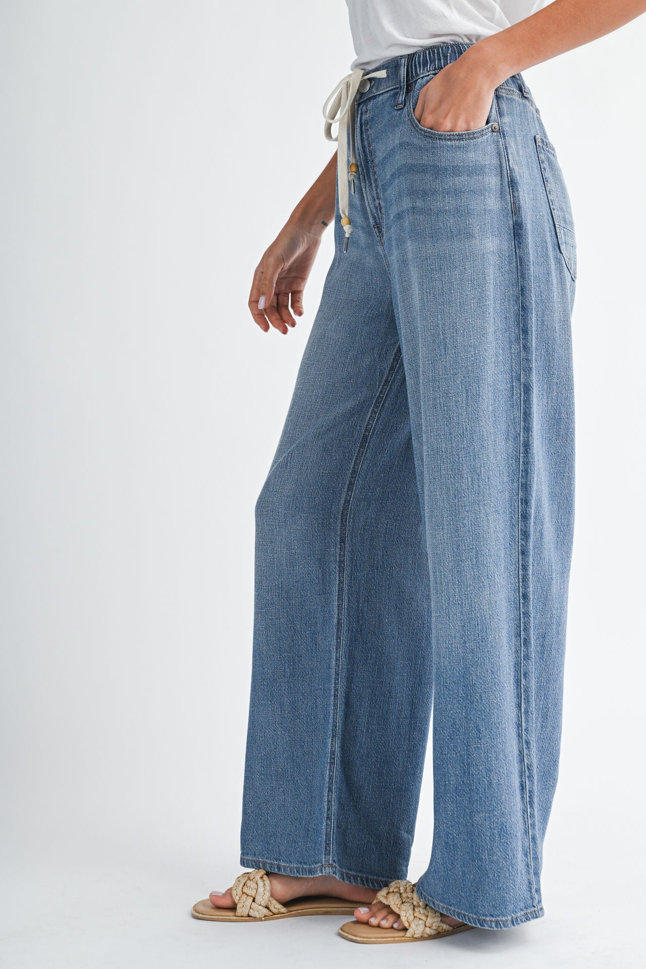 Medium Indigo Denim Adjustable Waist Wide Leg Jean