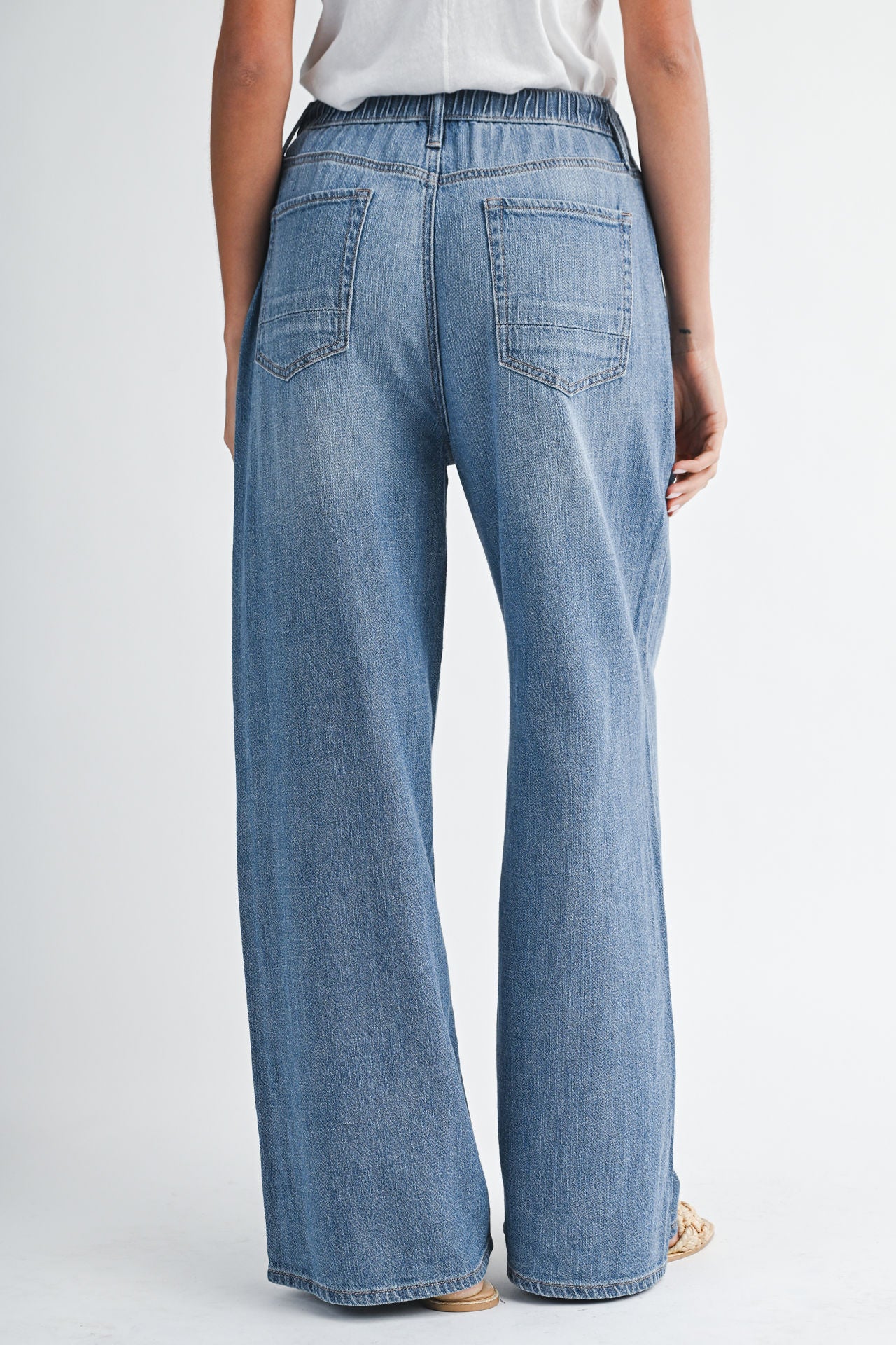 Medium Indigo Denim Adjustable Waist Wide Leg Jean