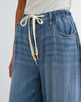 Medium Indigo Denim Adjustable Waist Wide Leg Jean