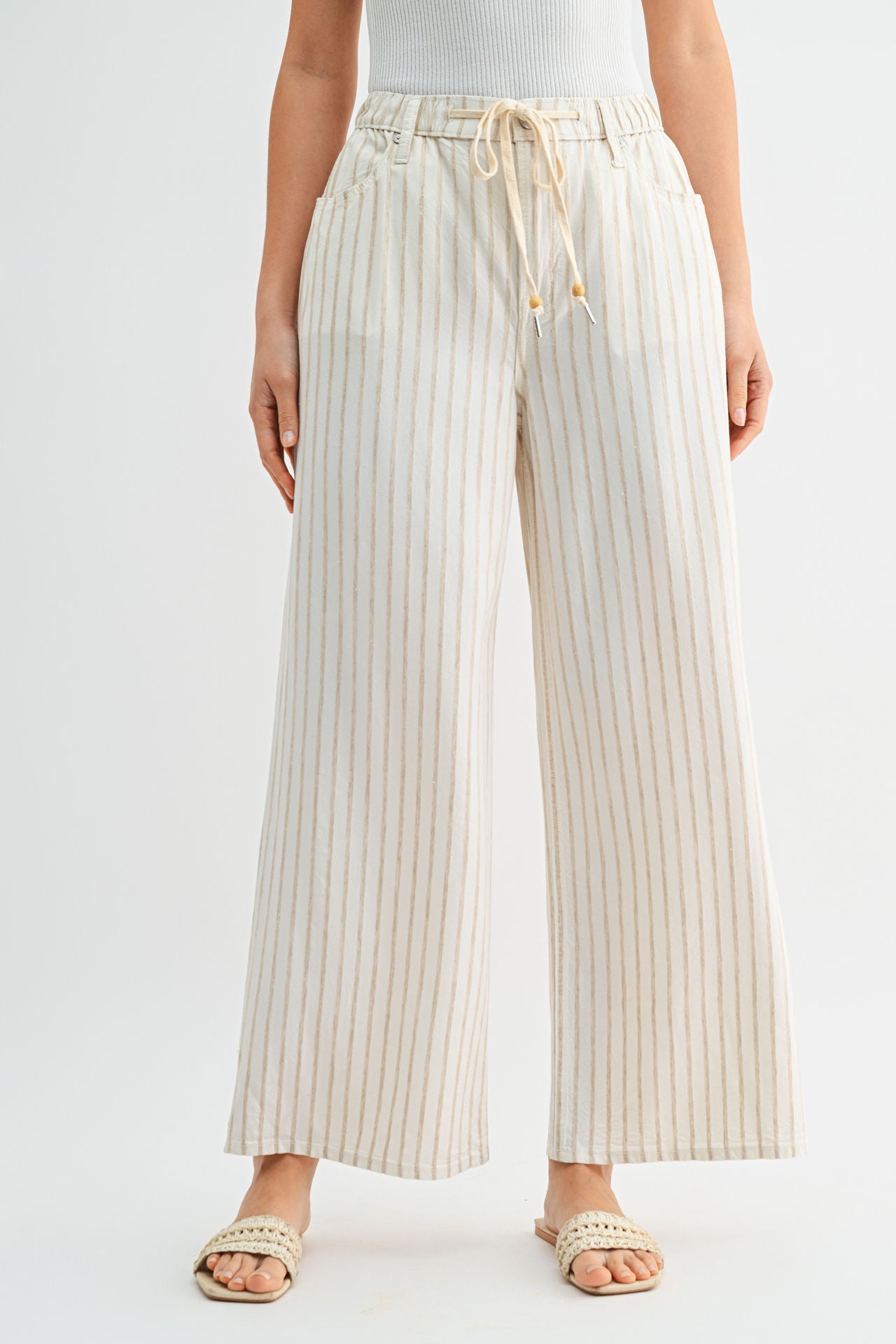 Cream Adjustable Waist Wide Leg