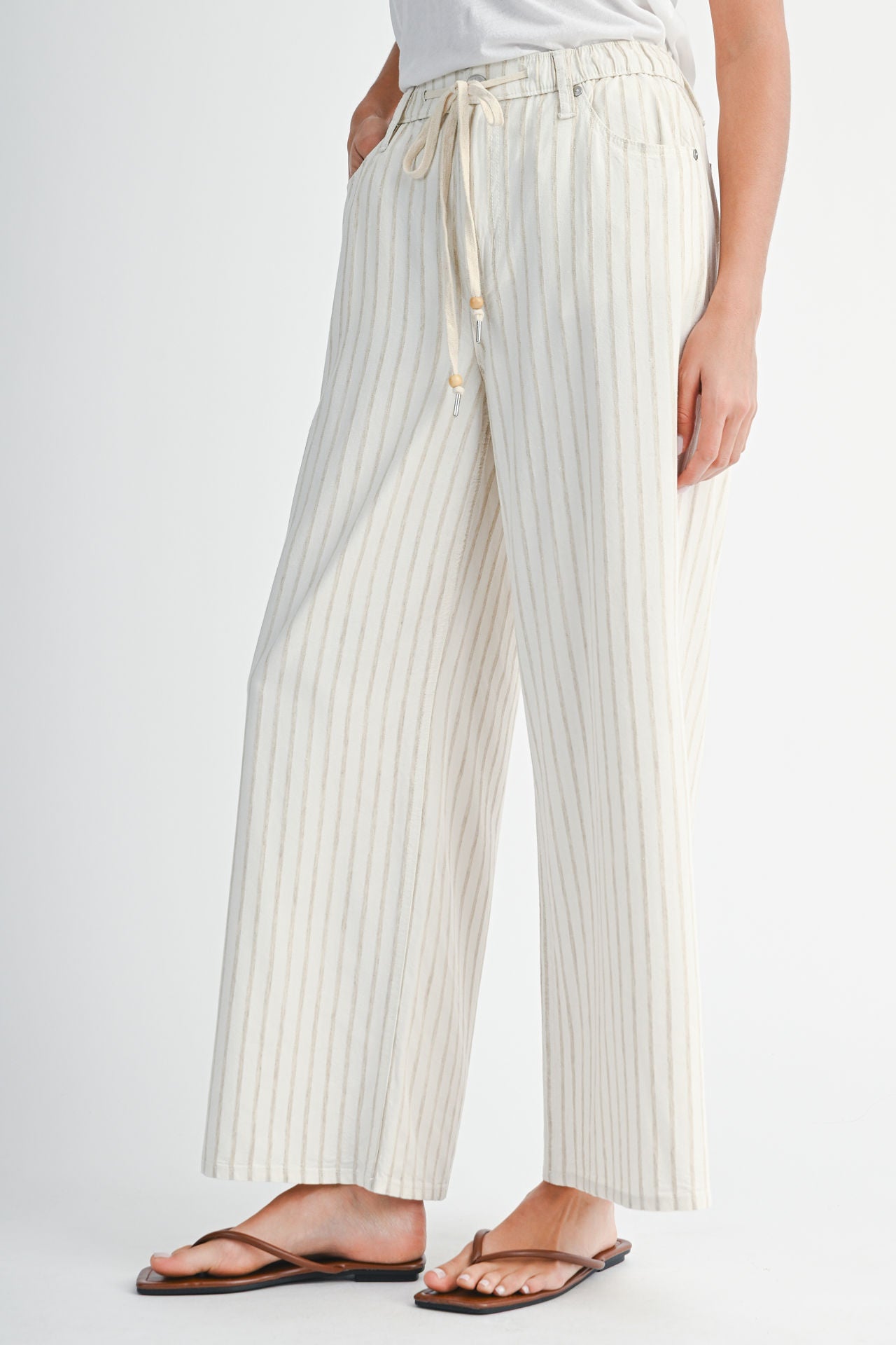 Cream Adjustable Waist Wide Leg