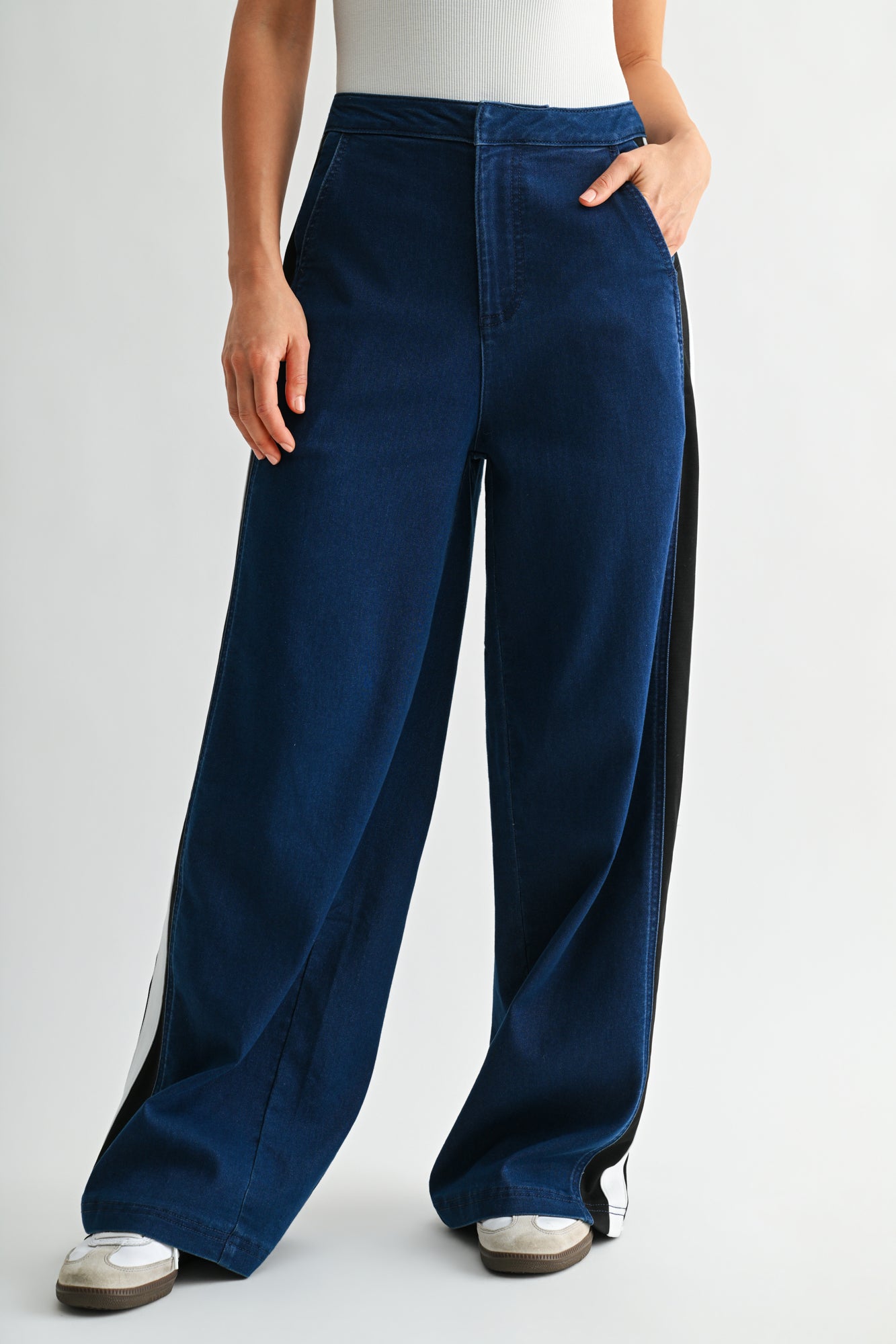 Indigo Athletic Striped Wide Leg Jean