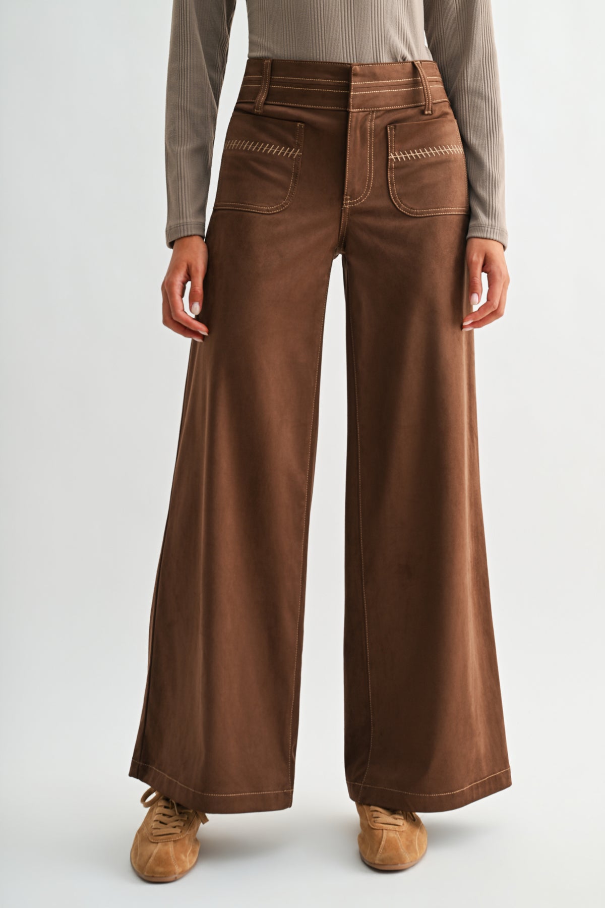 Brown Faux Suede Patch Pocket Wide Leg