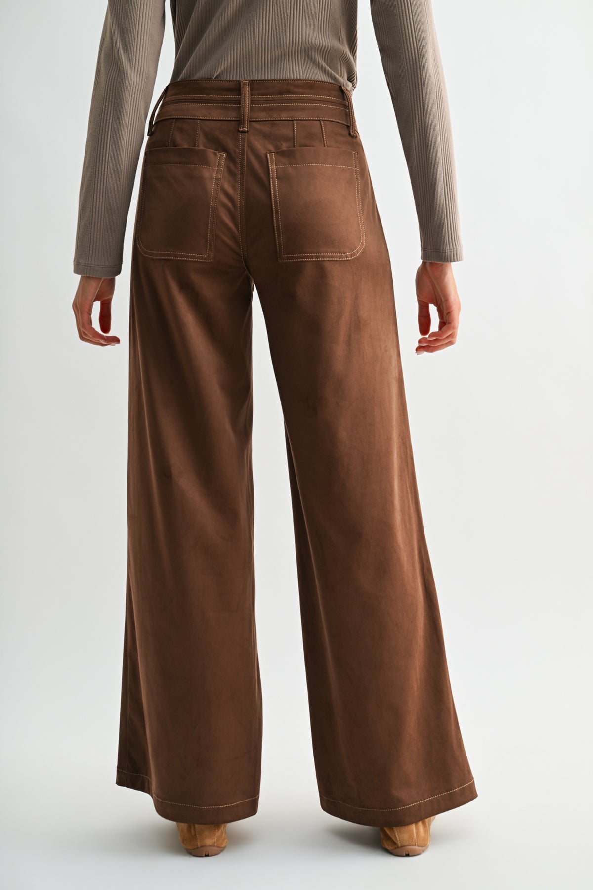 Brown Faux Suede Patch Pocket Wide Leg