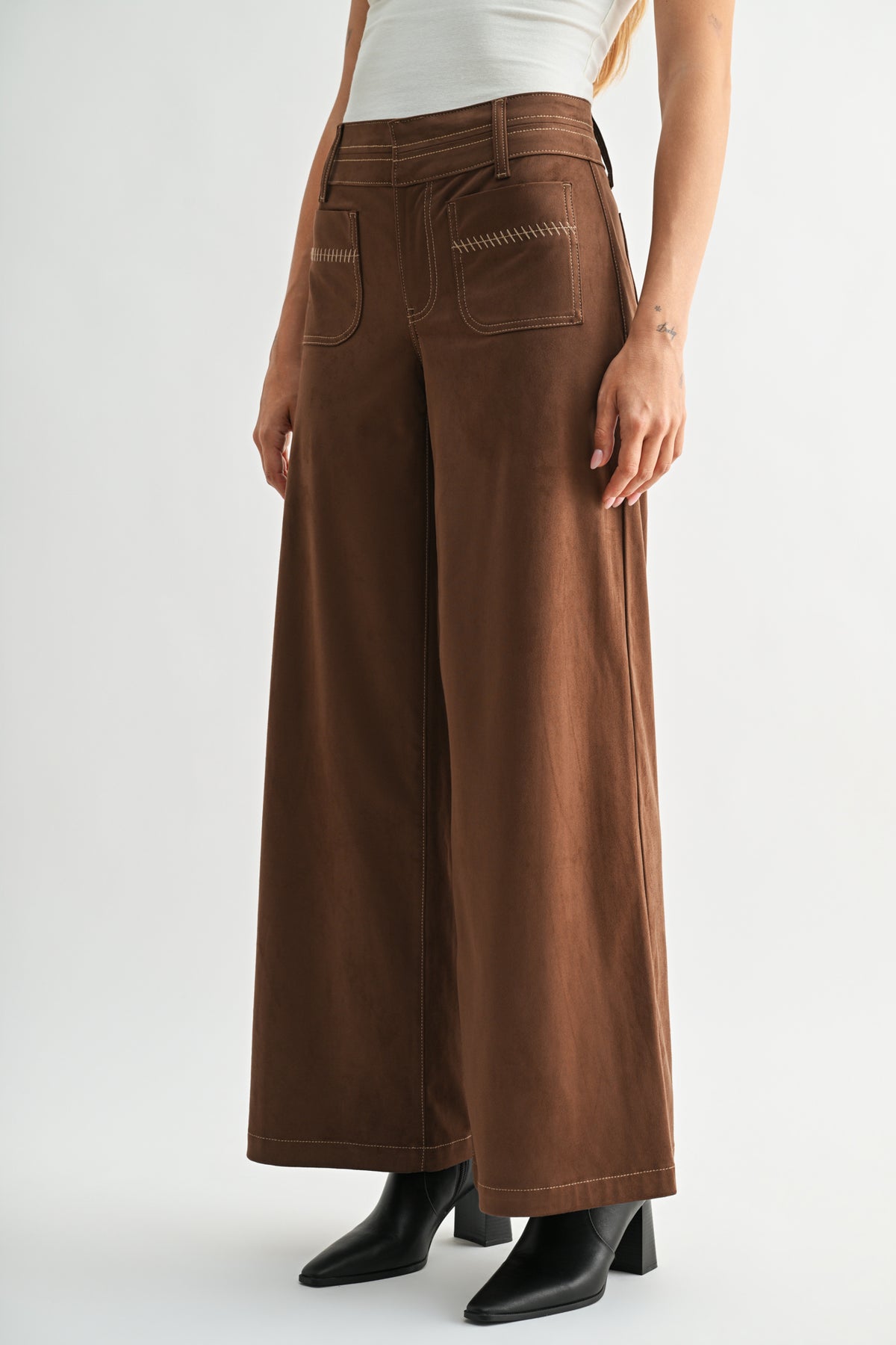 Brown Faux Suede Patch Pocket Wide Leg