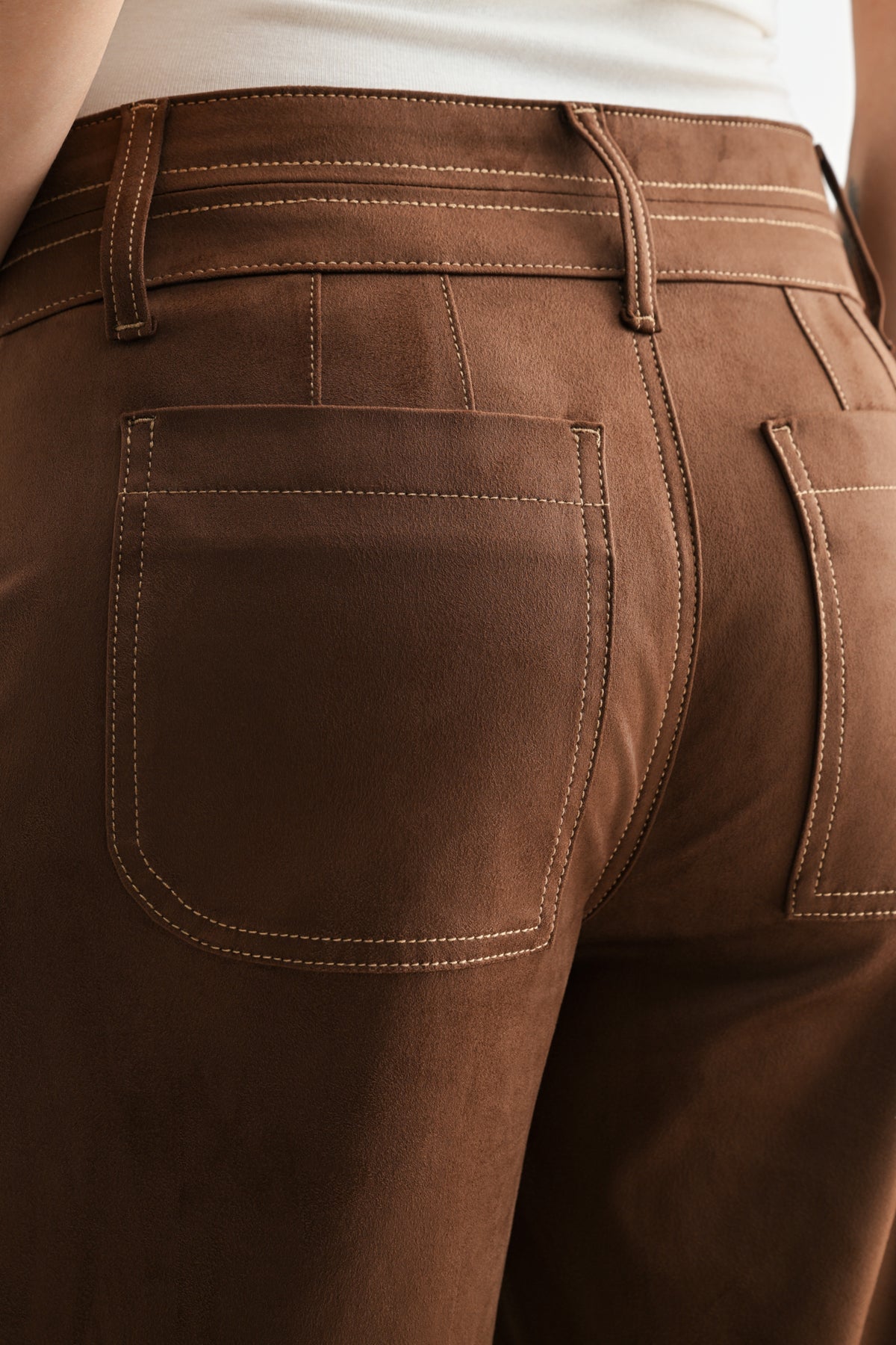Brown Faux Suede Patch Pocket Wide Leg