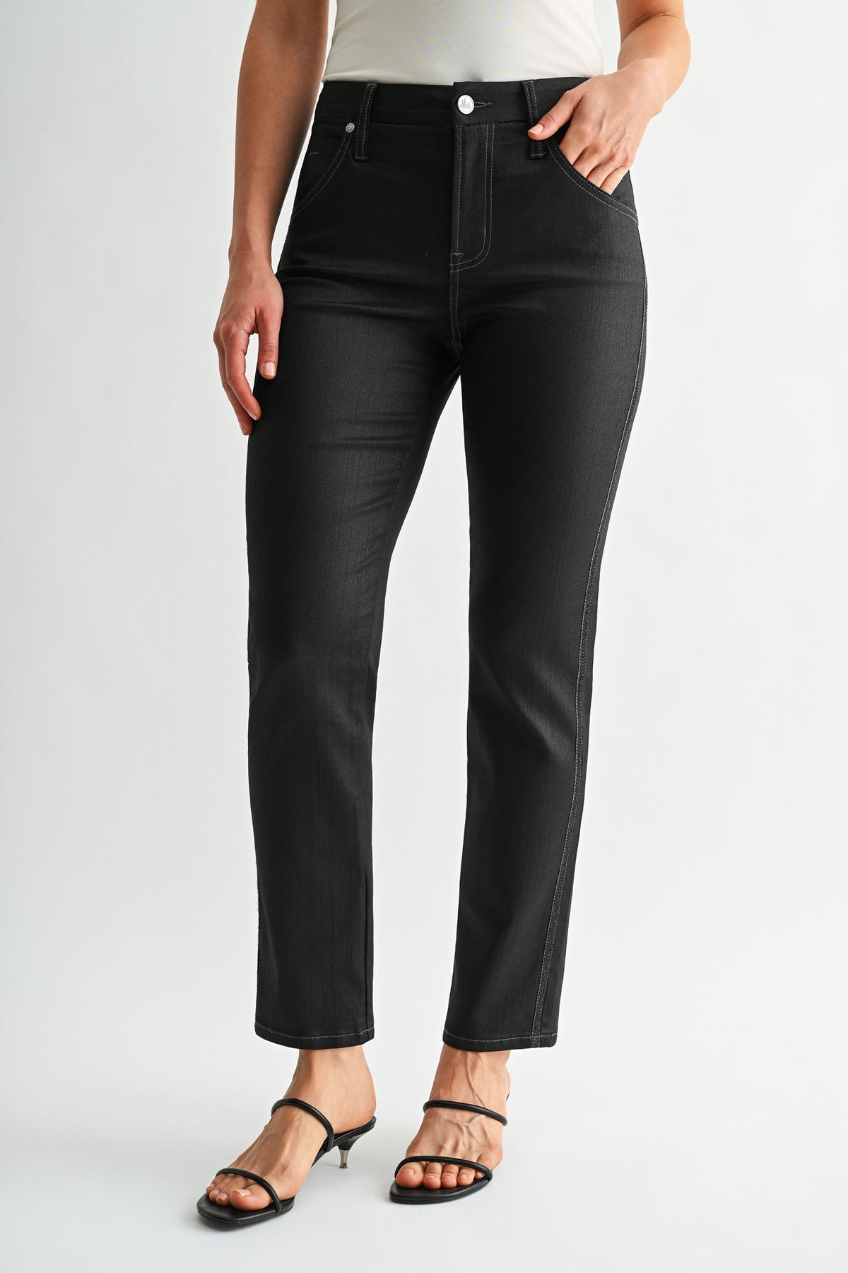 Black Petite Tapered Leg Jean w/ Metallic Stripe