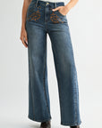 Medium Indigo Studded and Embroidered Wide Leg Jean