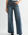 Medium Indigo Studded and Embroidered Wide Leg Jean