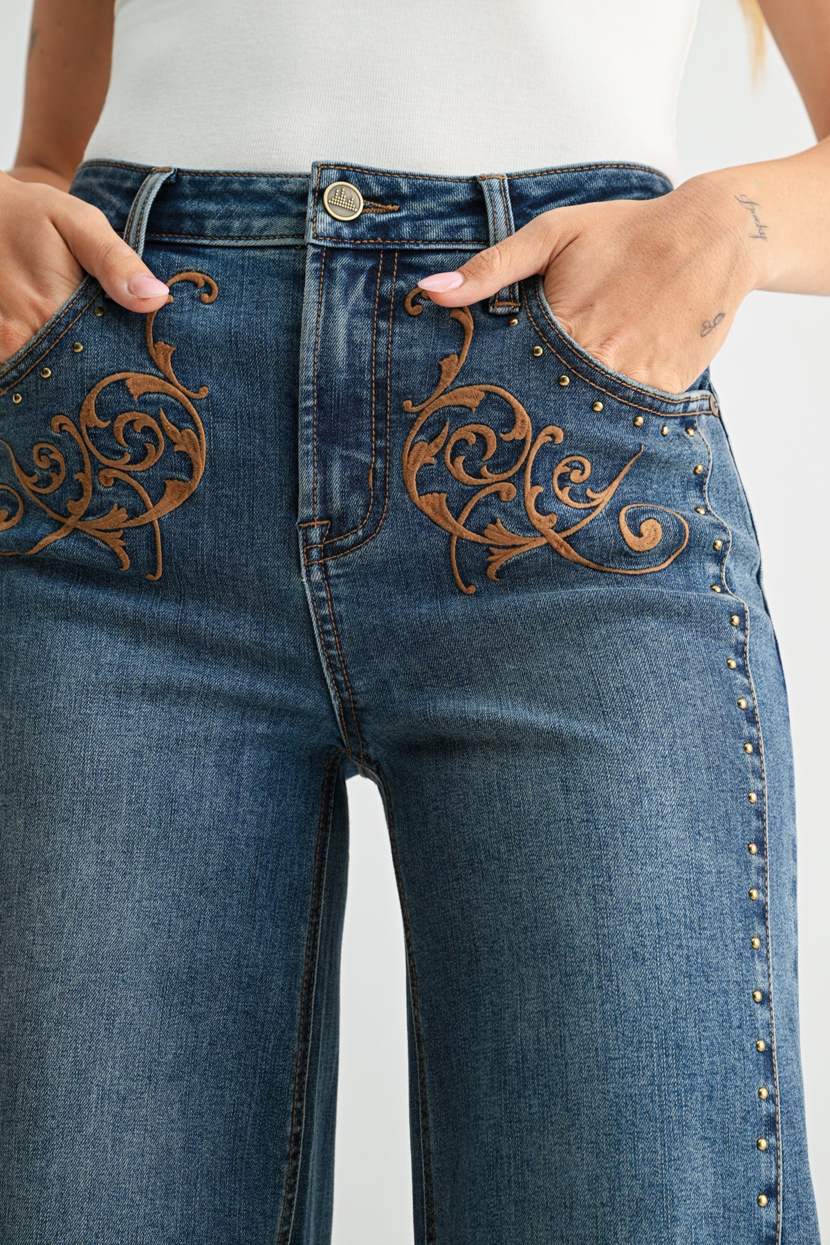 Medium Indigo Studded and Embroidered Wide Leg Jean