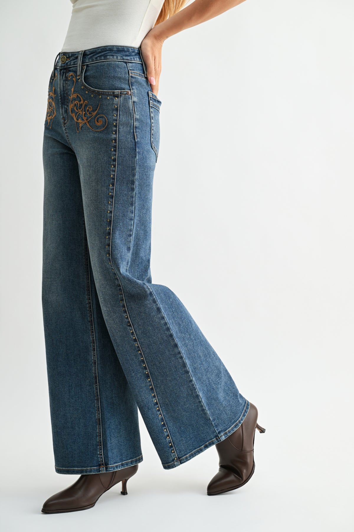 Medium Indigo Studded and Embroidered Wide Leg Jean