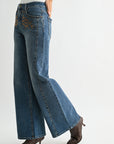 Medium Indigo Studded and Embroidered Wide Leg Jean