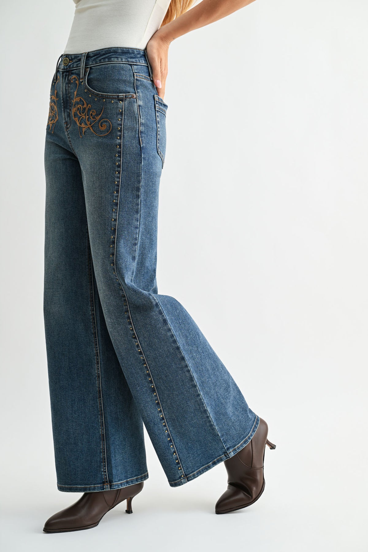 Medium Indigo Studded and Embroidered Wide Leg Jean
