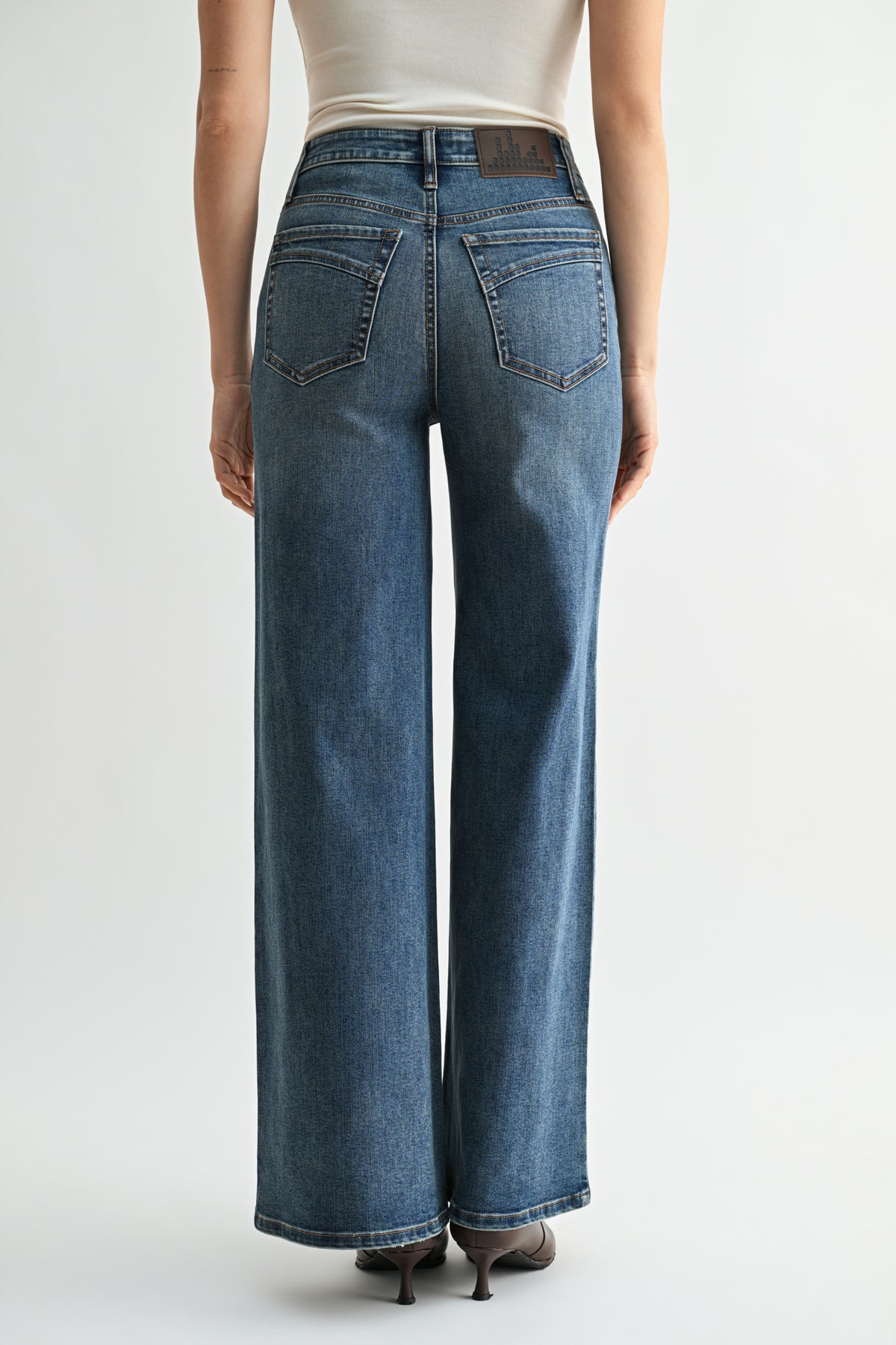 Medium Indigo Studded and Embroidered Wide Leg Jean