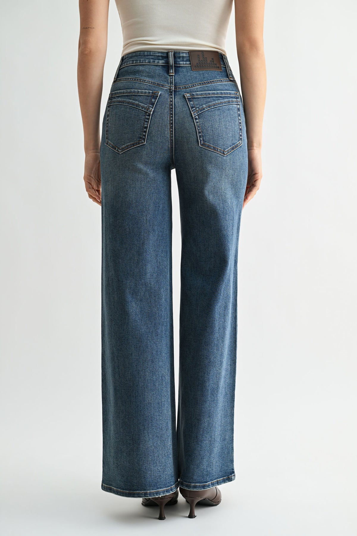 Medium Indigo Studded and Embroidered Wide Leg Jean