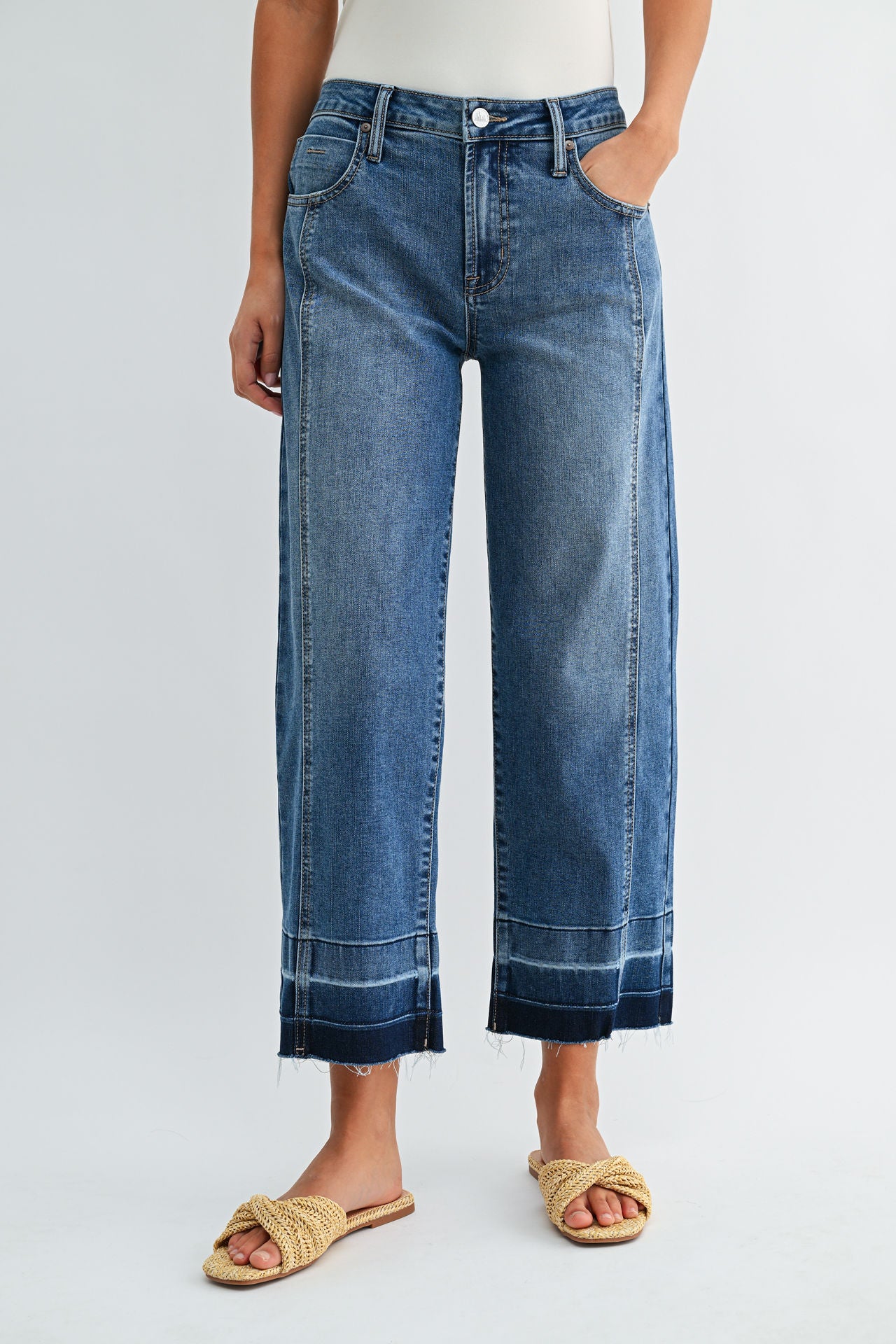 Medium Indigo Denim Release Hem Crop Straight Leg