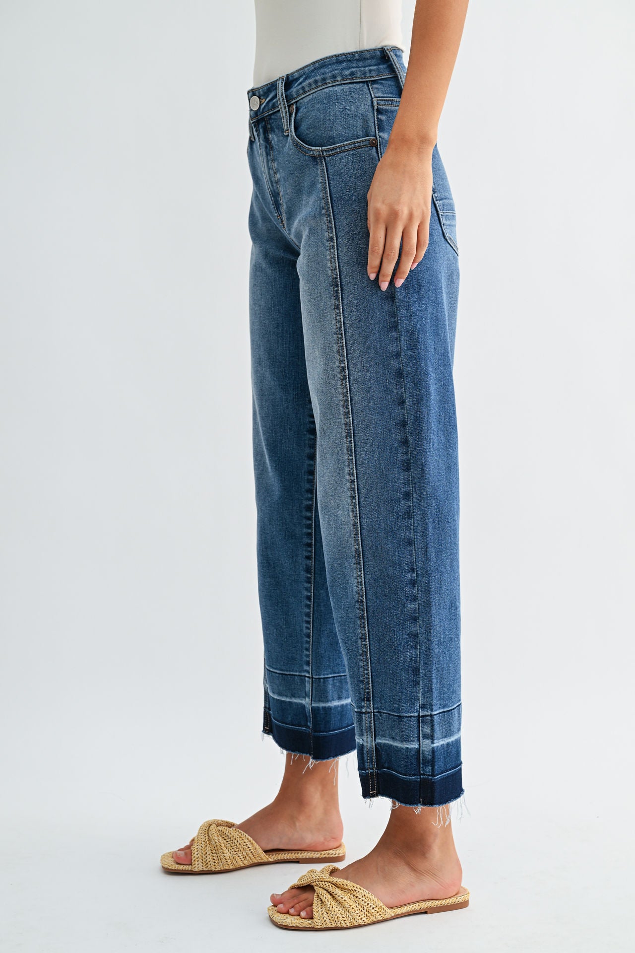 Medium Indigo Denim Release Hem Crop Straight Leg