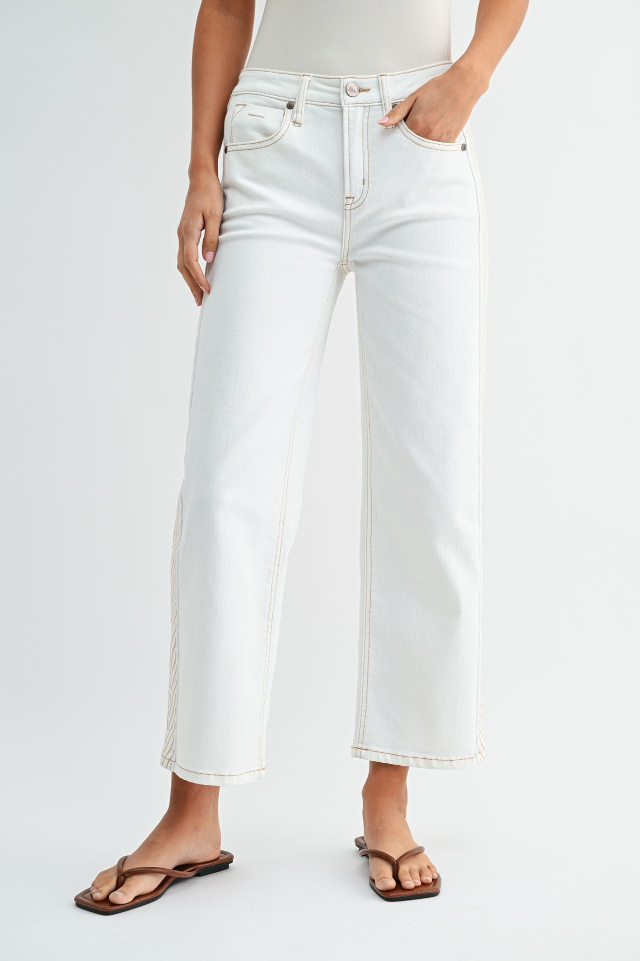 Ivory Denim Embroidered Straight Leg Crop Jean- White