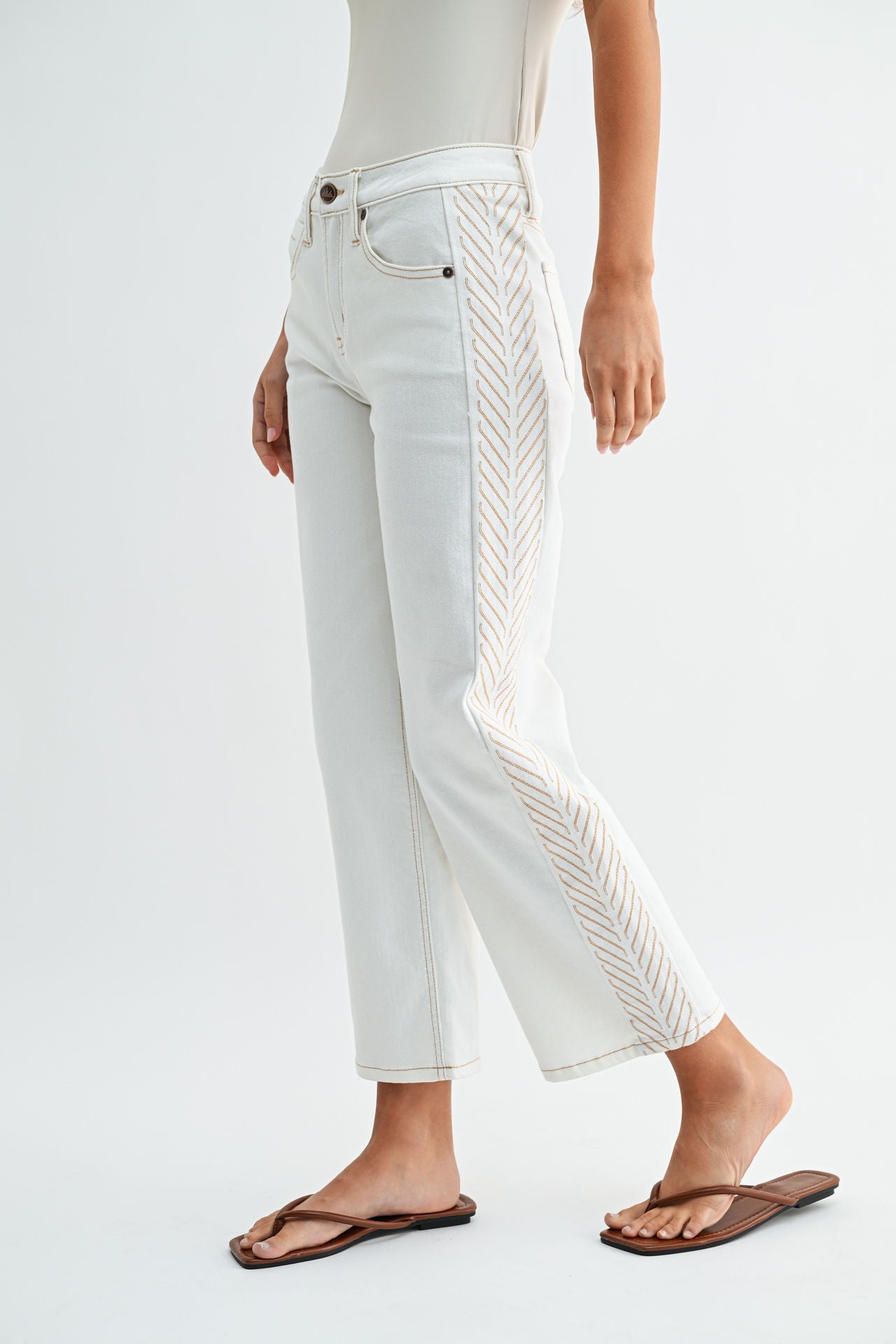 Ivory Denim Embroidered Straight Leg Crop Jean- White