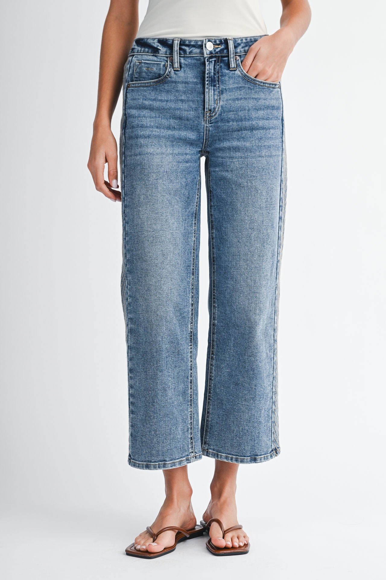 Medium Indigo Denim Embroidered Straight Leg Crop Jean