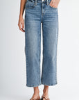 Medium Indigo Denim Embroidered Straight Leg Crop Jean
