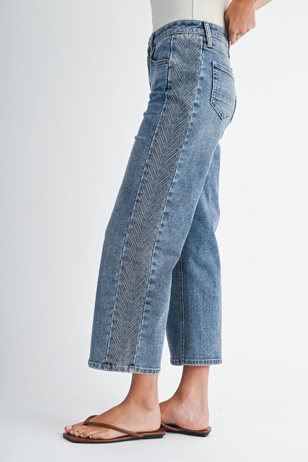 Medium Indigo Denim Embroidered Straight Leg Crop Jean