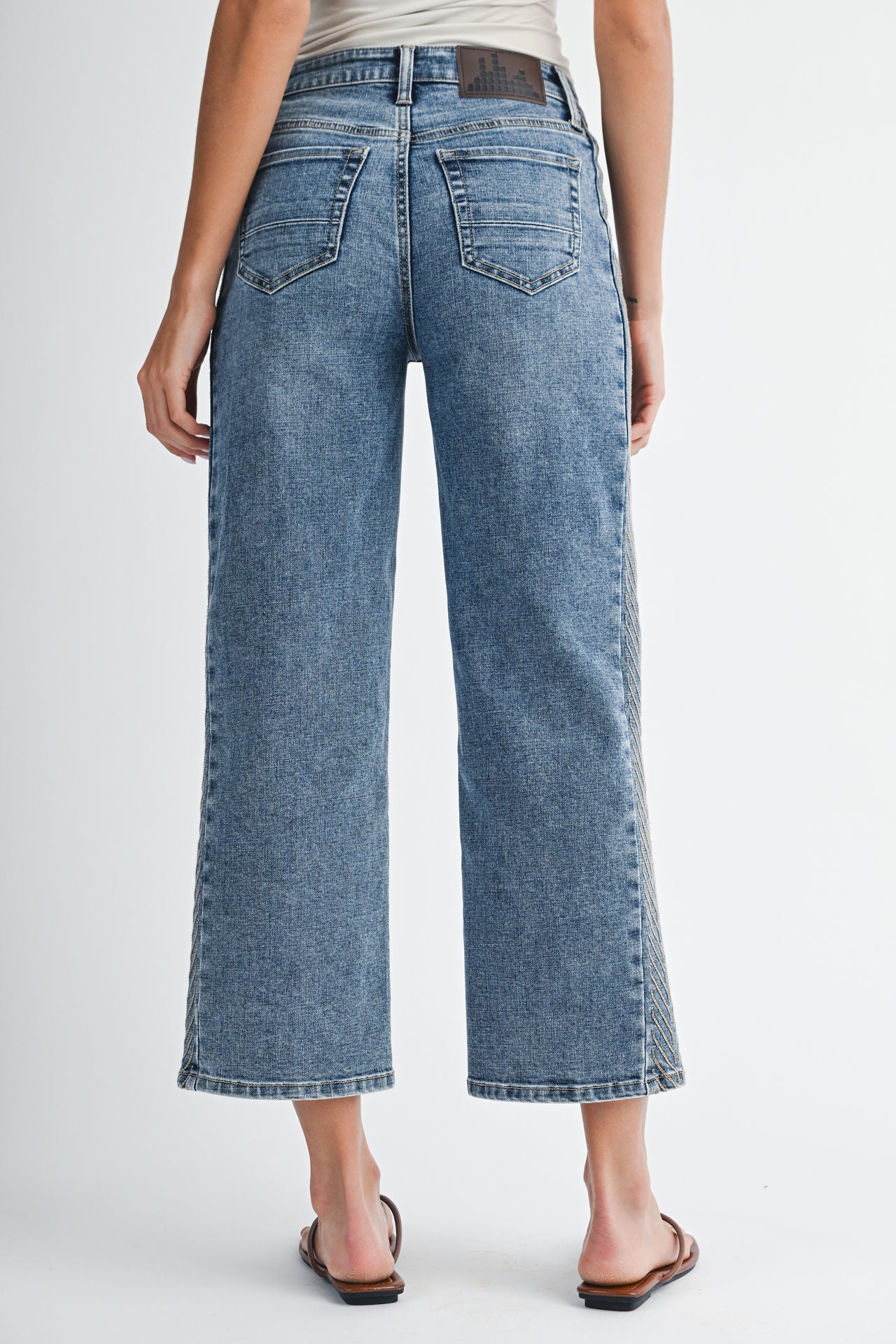 Medium Indigo Denim Embroidered Straight Leg Crop Jean
