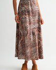 Brown Multi abstract animal print savoy bias maxi skirt