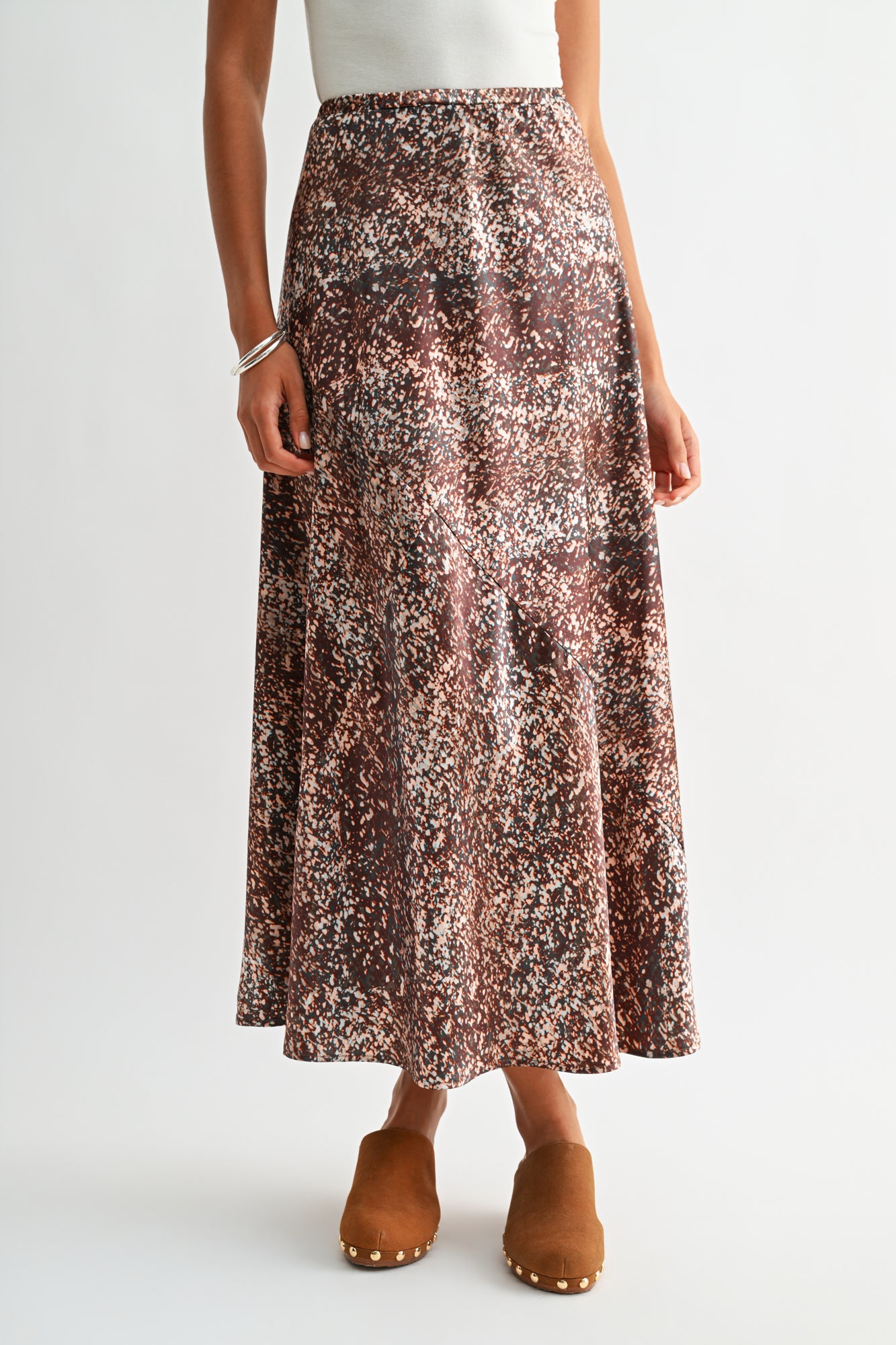 Brown Multi abstract animal print savoy bias maxi skirt