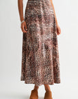 Brown Multi abstract animal print savoy bias maxi skirt