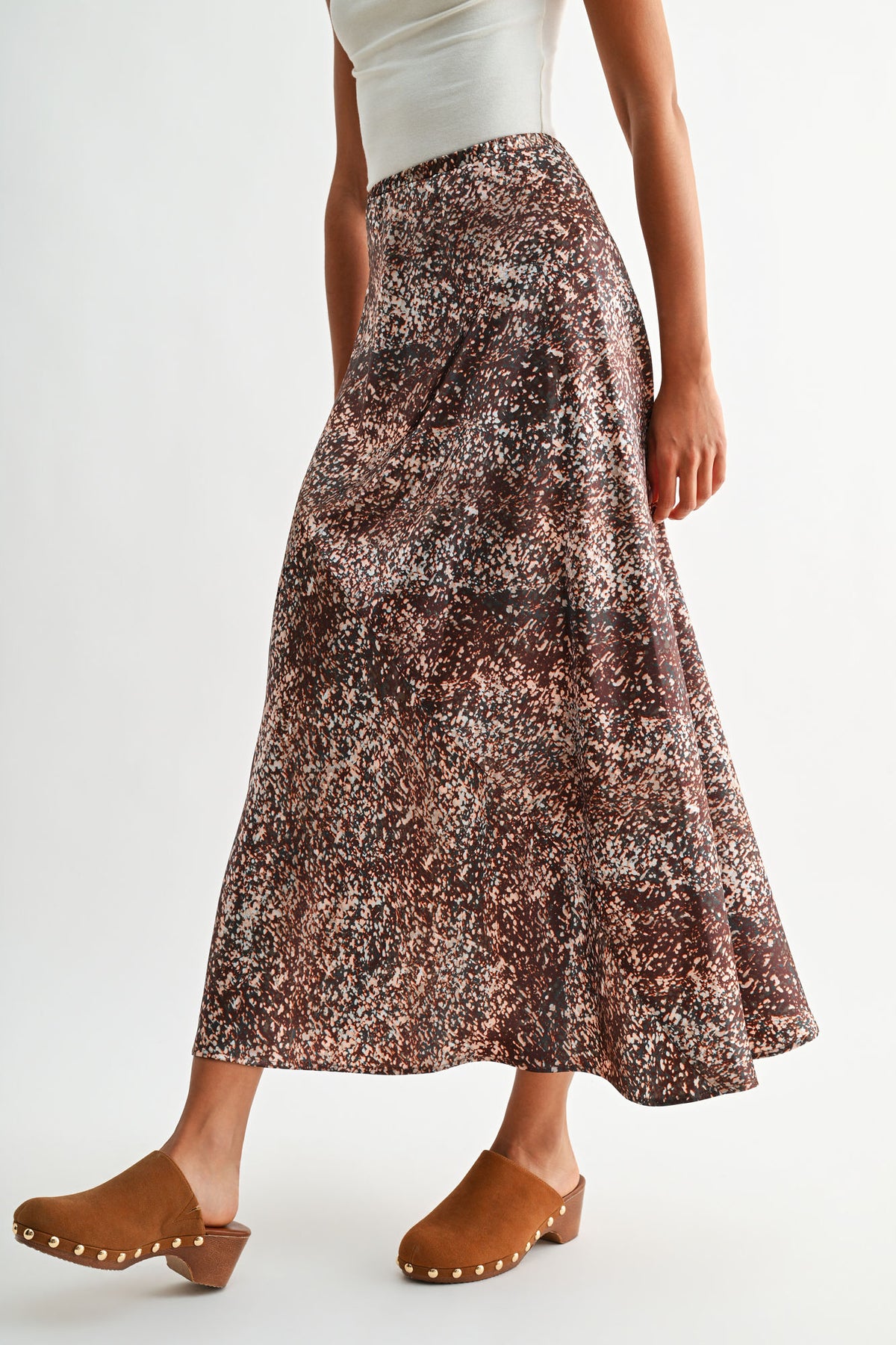 Brown Multi abstract animal print savoy bias maxi skirt