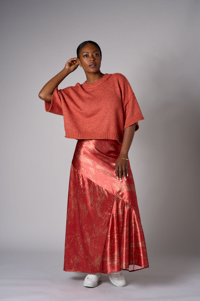 Rust Ochre Multi abstract animal print savoy bias maxi skirt