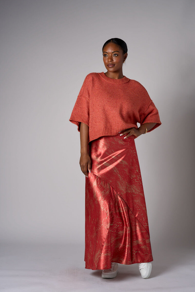 Rust Ochre Multi abstract animal print savoy bias maxi skirt