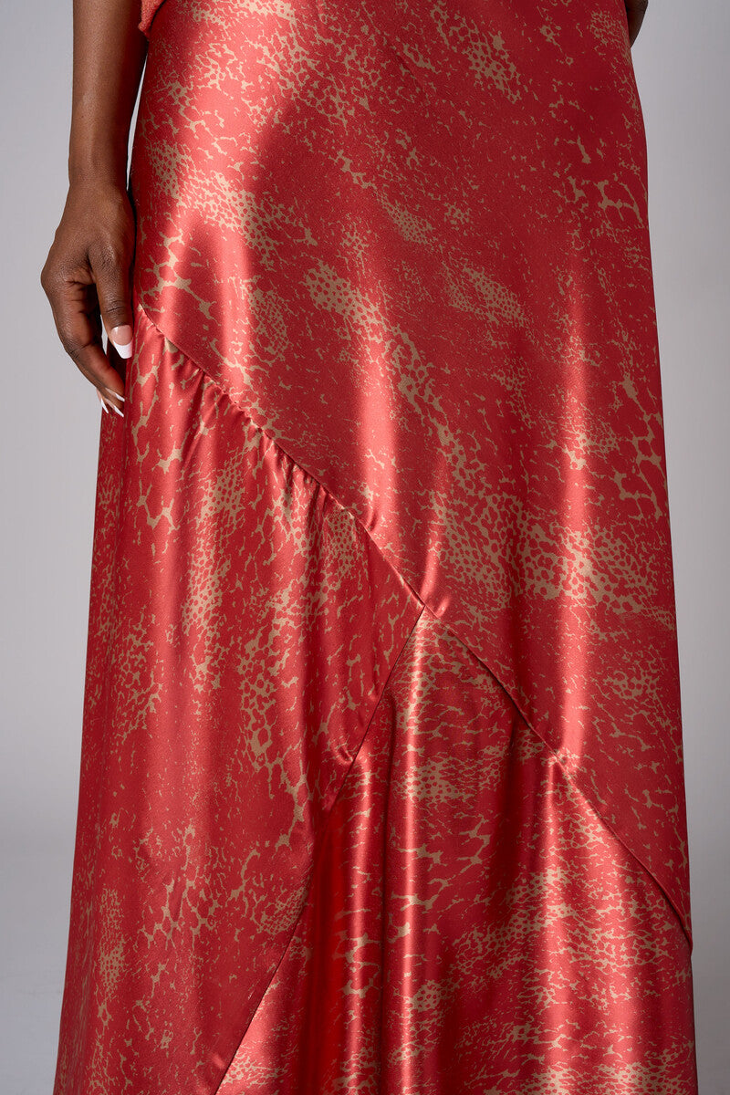 Rust Ochre Multi abstract animal print savoy bias maxi skirt