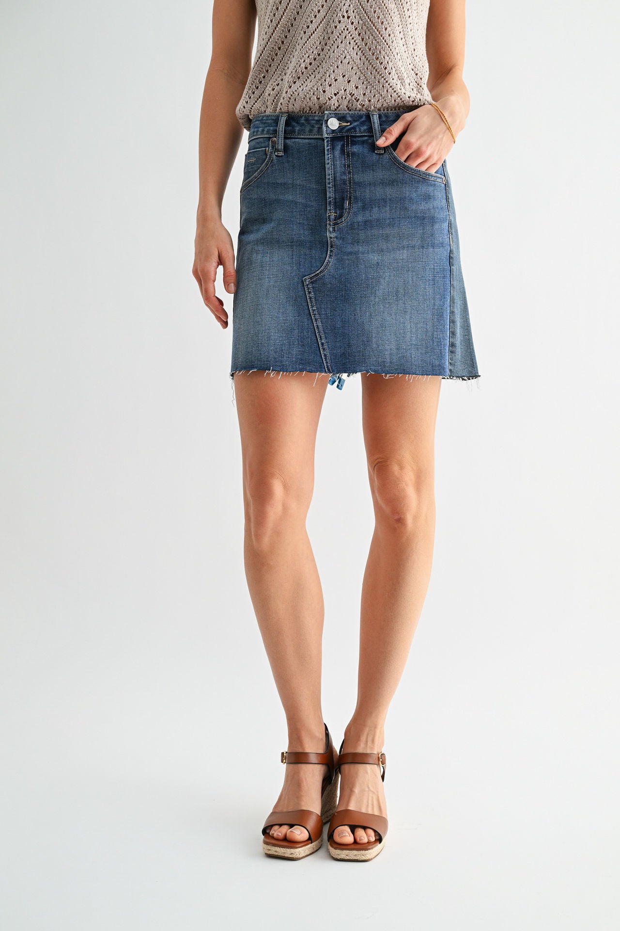 Color Blocked Denim Skirt- Dark Wash Dark Vintage Wash