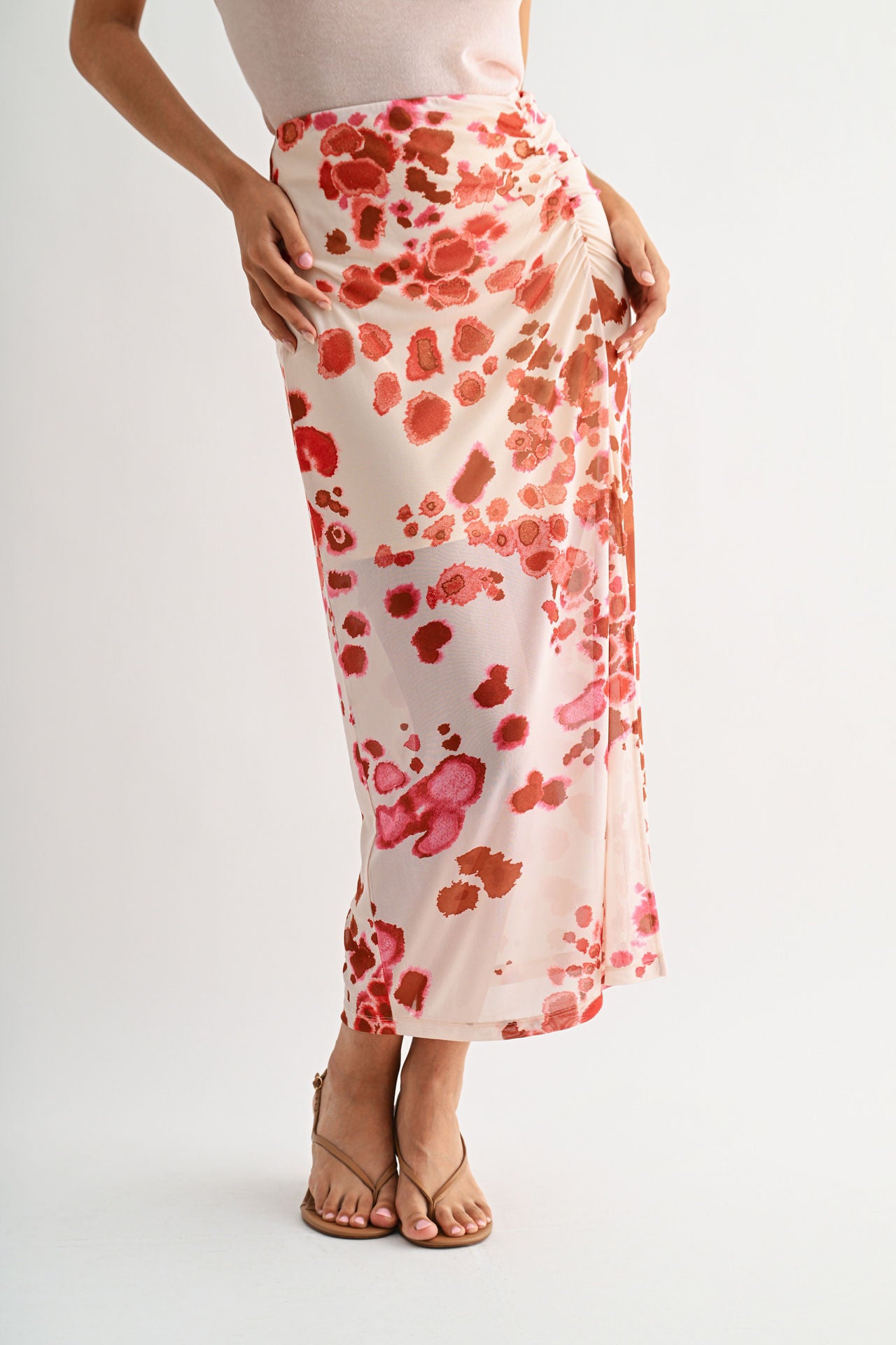 Pink Multi Print Ruched Mesh Skirt