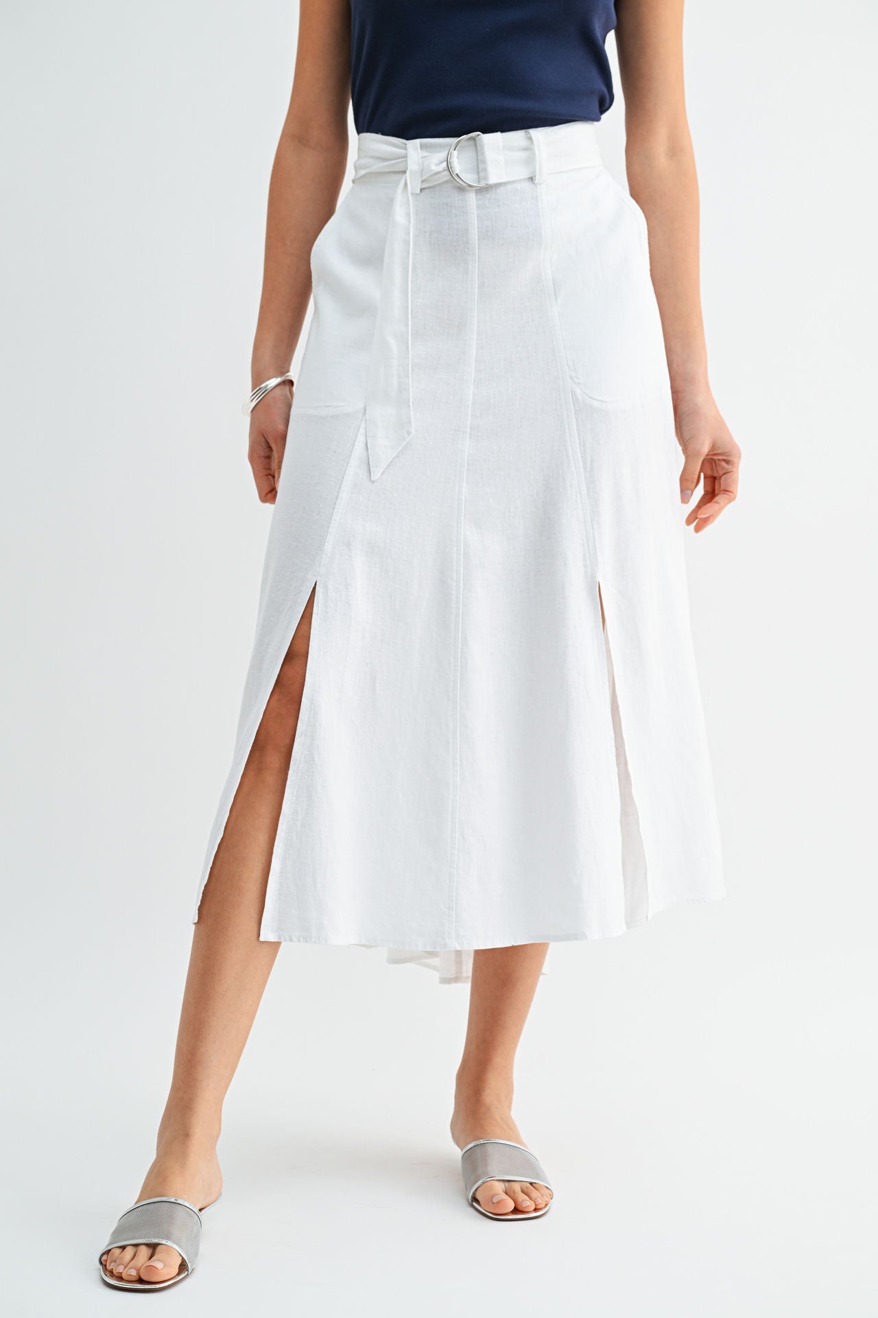 White Double Slit Midi Skirt