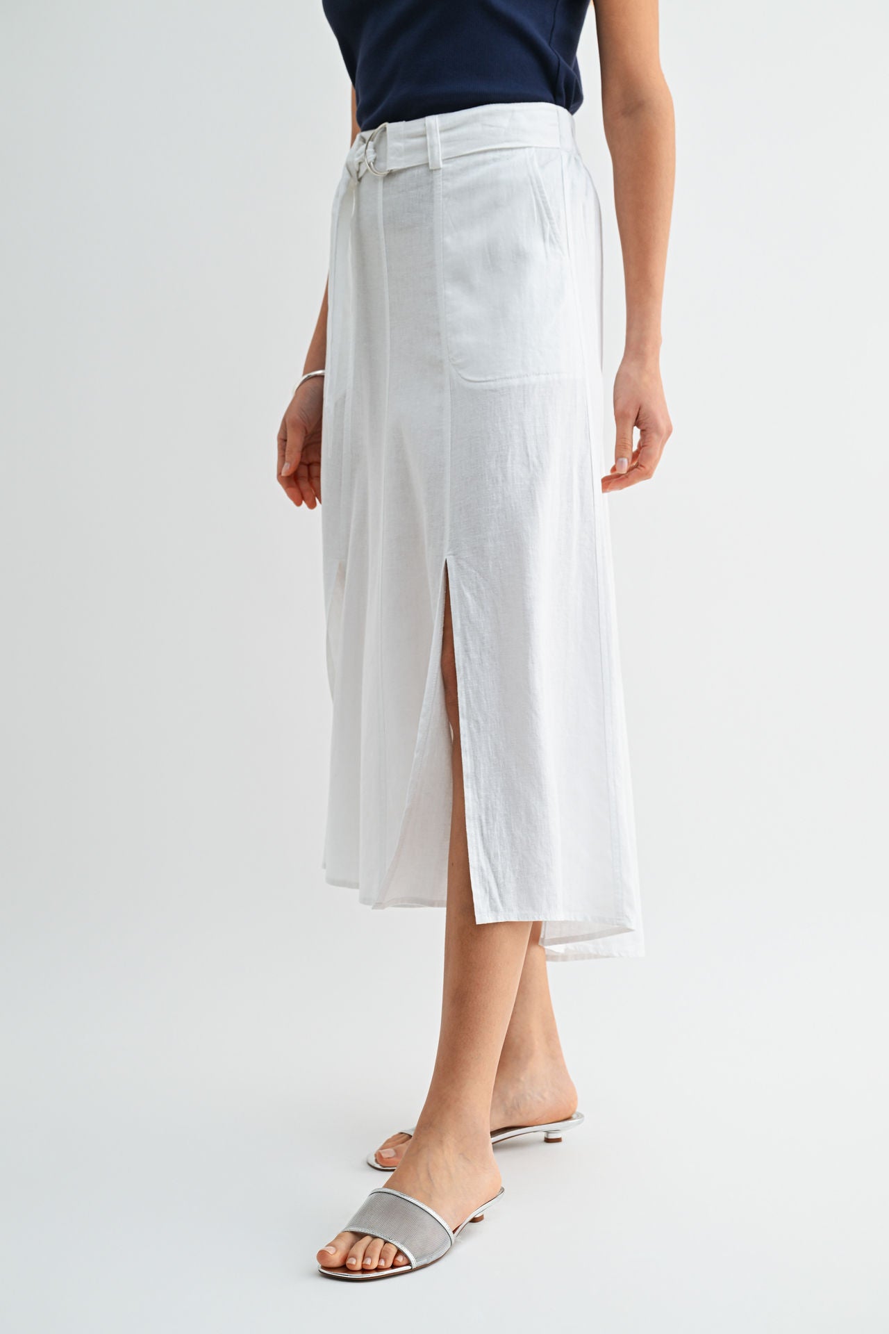 White Double Slit Midi Skirt