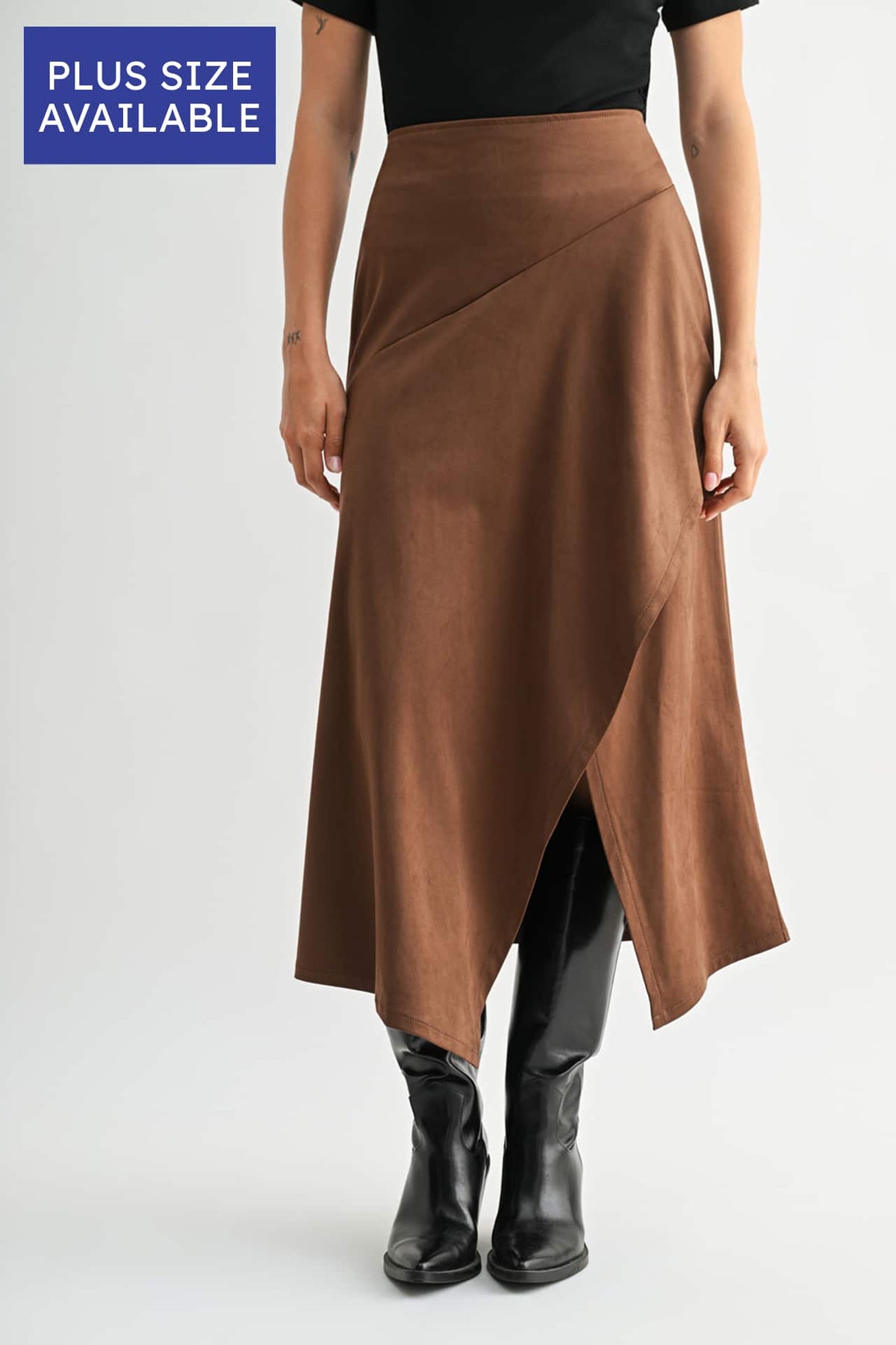 Brown Plus- Size Faux Suede Asymmetric Skirt