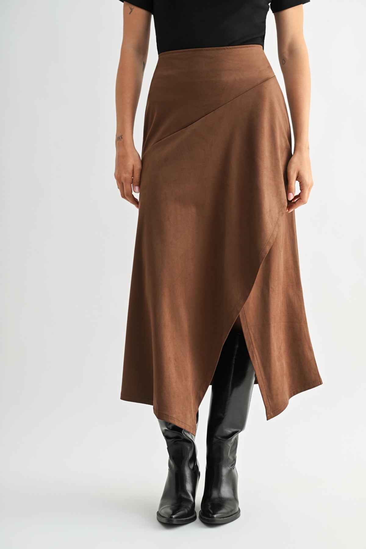 Brown Petite Faux Suede Asymmetric Skirt