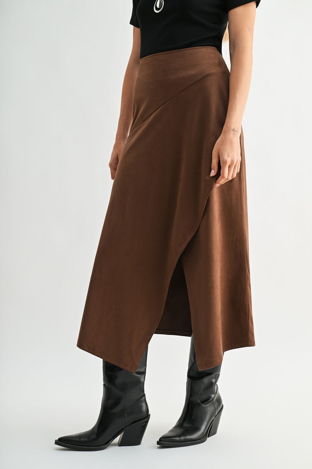 Brown Petite Faux Suede Asymmetric Skirt
