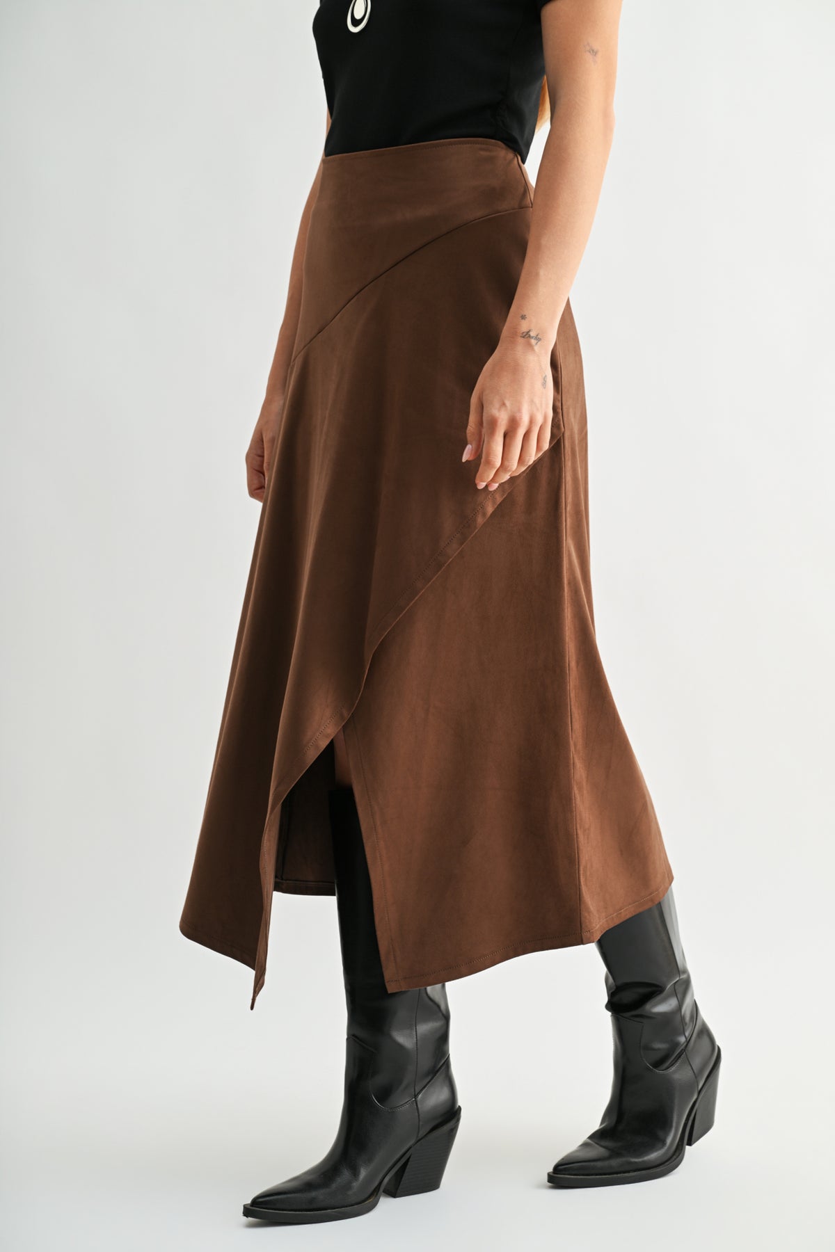 Brown Plus- Size Faux Suede Asymmetric Skirt