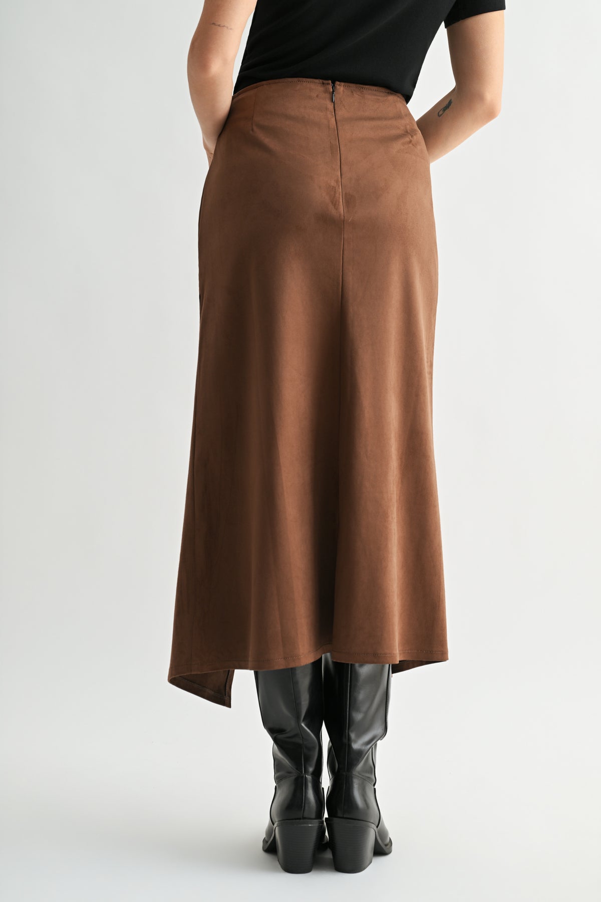 Brown Faux Suede Asymmetric Skirt