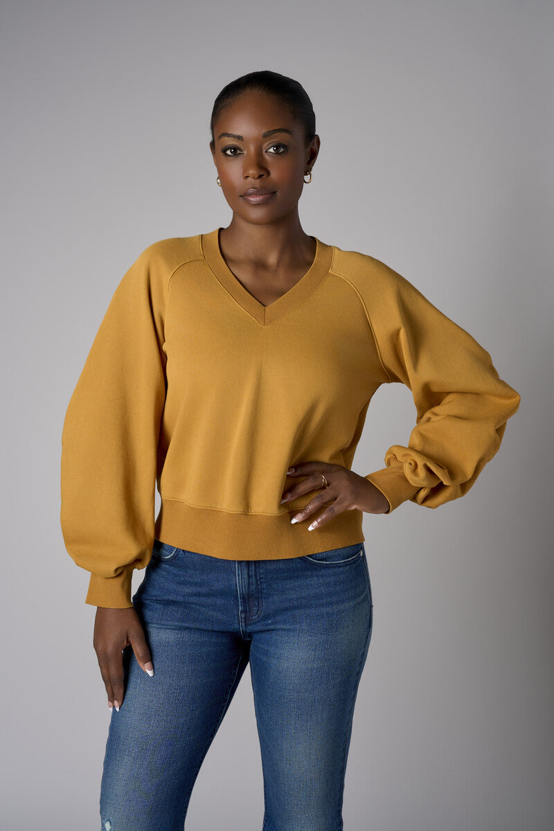 Be unforgettable in the elegant 'Marigold' Zipper Back V-Neck Sweatshirt.