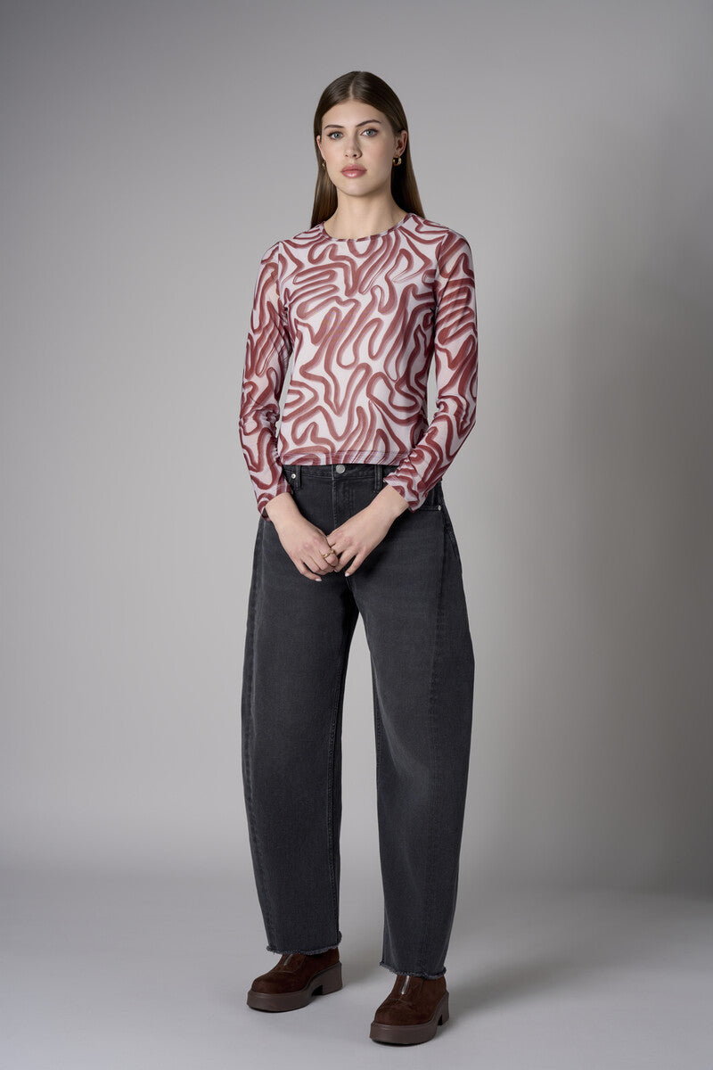 Ivory and Maroon Abstract Print Crew Neck Long Sleeve Top